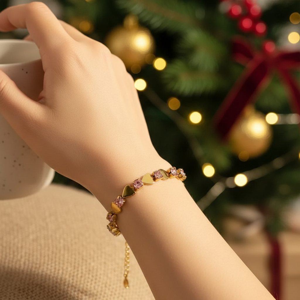 Bracelet Cœur Doré et Cristaux Roses