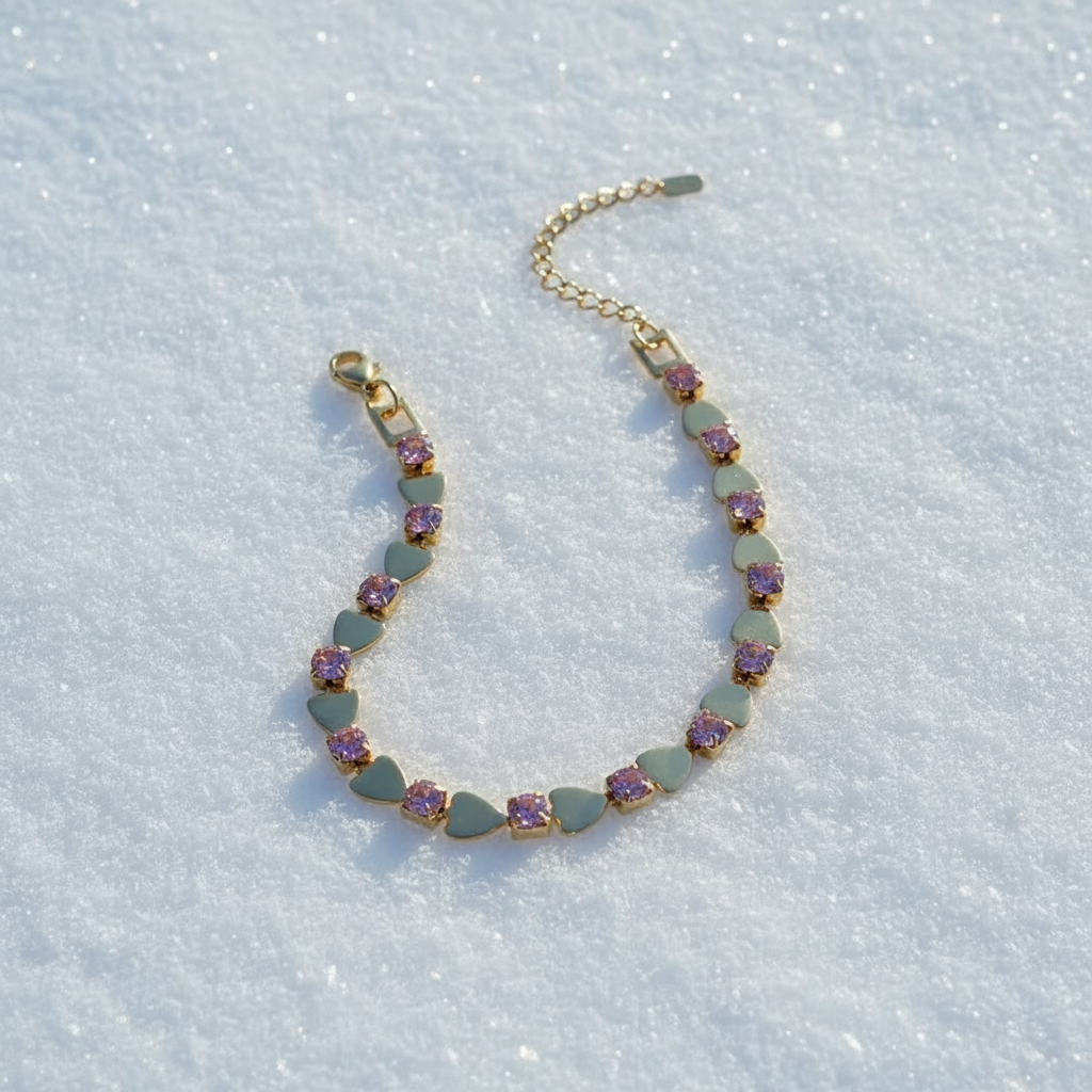 Bracelet Cœur Doré et Cristaux Roses sur neige
