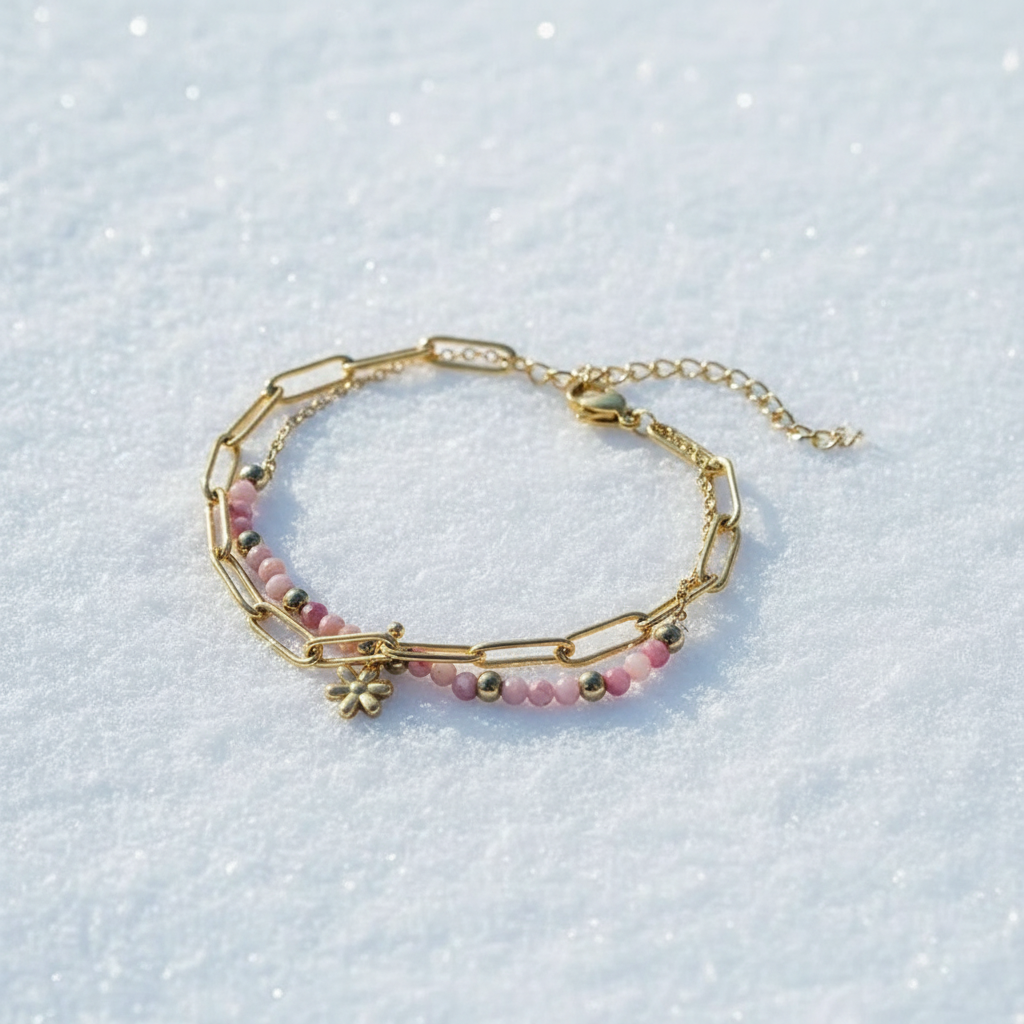 Bracelet Fleur Rose Dorée sur neige