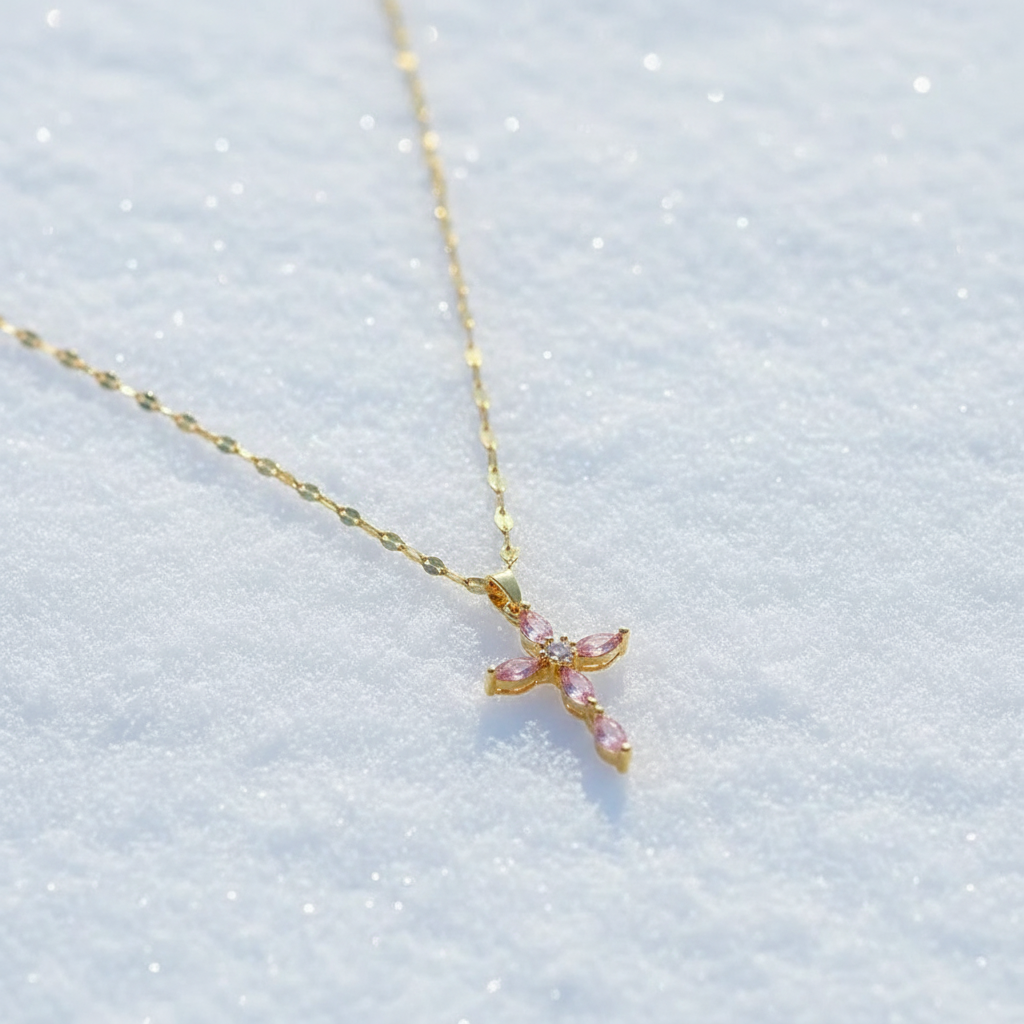 Collier Croix Rose Élégante sur neige
